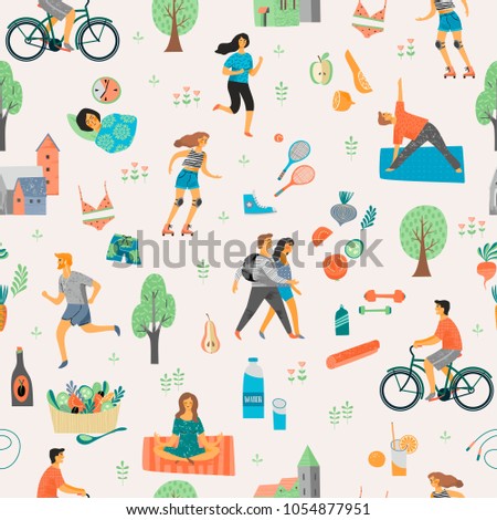 Healthy lifestyle. Seamless pattern. Roller skates, running, bicycle, walk, yoga, helthy eating. Design element in pastel colors with textures