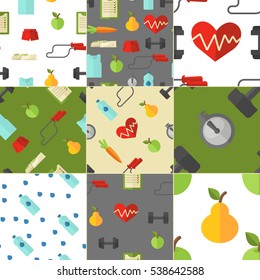 Healthy lifestyle seamless pattern set. Vector wellness concept flat patterns collection.