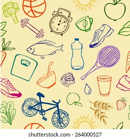 Healthy lifestyle seamless pattern with simple doodle items