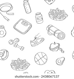 Healthy lifestyle seamless pattern. Sport equipment, fitness accessories and diet food elements in doodle style on white background. Hand drawn vector illustration.