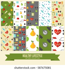 Healthy lifestyle seamless patterns set. Vector wellness concept flat collection.