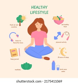 Healthy lifestyle, self care healthy habits, flat style vector illustration.