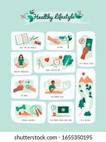 Healthy lifestyle and self care vector infographic with tips for a balanced healthy living