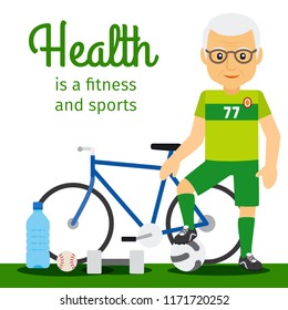 Healthy lifestyle for senior people vector concept. Old man and sport equipments