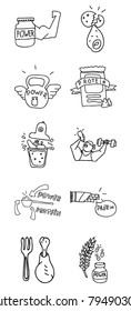 healthy lifestyle, a set of 10 icons, fitness equipment, workout in the gym, healthy food, vector image, doodles style