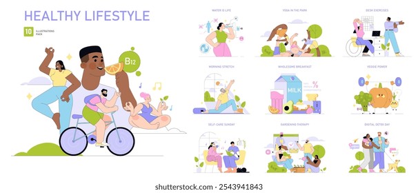 Conjunto de estilo de vida saludable. Actividades cotidianas para el bienestar, desde la hidratación hasta la jardinería. Yoga, dieta equilibrada y rutinas de cuidados personales. Ilustración vectorial.