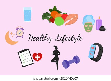 Healthy lifestyle set. Fitness, healthy food and active style of life. Flat design vector illustration.