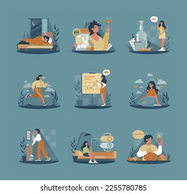 Healthy lifestyle set. Fresh food, sport and sleep as daily routine. Fitness sport exercise, education and psychological detox. Self-care schedule. Flat vector illustration