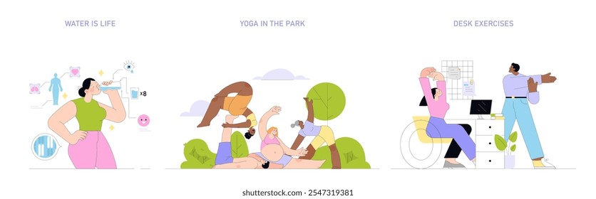 Conjunto de estilo de vida saludable. Hidratación, yoga al aire libre y rutinas de ejercicio en la oficina. Actividades de bienestar para la vitalidad y la vida equilibrada. Ilustración vectorial.