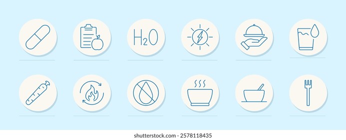 Healthy lifestyle set icon. Pills, nutrition plan, water intake, energy, food delivery, hydration, carrot, metabolism, diet, hot meal, eating, cutlery