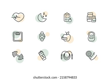 Healthy lifestyle set icon. Healthy sleep, vitamins, pulse, clipboard, apple, kettlebell, dumbbell, jump rope, energy drink. Sport concept. Vector line icon for Business and Advertising