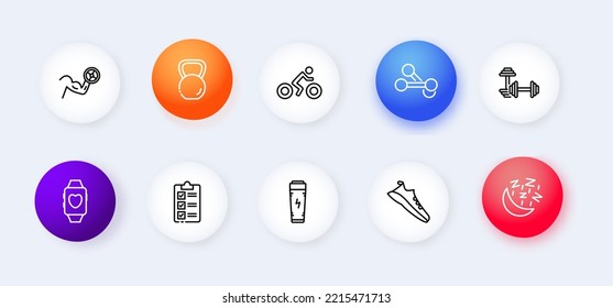 Healthy lifestyle set icon. Sport, dumbbell, bicycle, tracker, kettlebell, sneakers, healthy sleep, energy drink, run, easy flying. Neomorphism style. Vector line icon for Business and Advertising