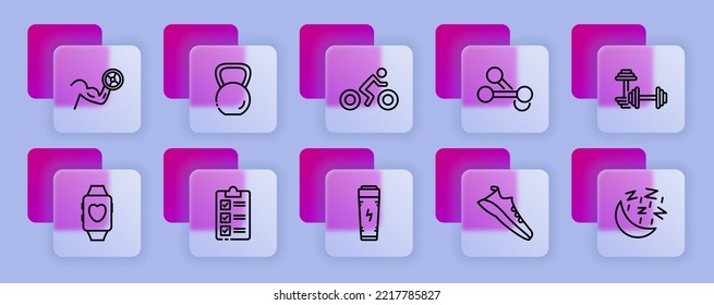 Healthy lifestyle set icon. Sport, dumbbell, bicycle, tracker, kettlebell, sneakers, healthy sleep, energy drink, run, easy flying. Glassmorphism style. Vector line icon for Business and Advertising