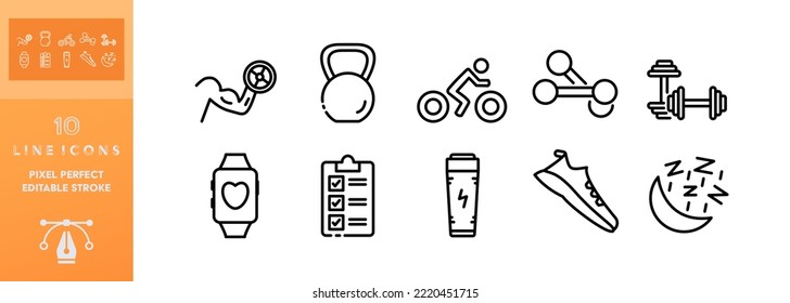Healthy lifestyle set icon. Sport, dumbbell, bicycle, tracker, kettlebell, sneakers, healthy sleep, energy drink, run, easy flying. Vector editable set icon on a white background