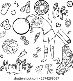 Healthy lifestyle set with kid. Hand drawn collection of the healthy life doodles objects: child, sport equipment and healthy food. Vector line art 
