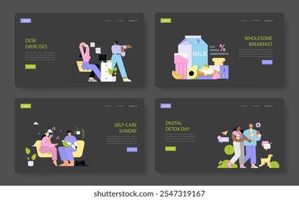 Healthy Lifestyle set. Office workouts, balanced breakfast, relaxation routines, and tech breaks. Adults engage in wellbeing activities for body and mind. Vector illustration.