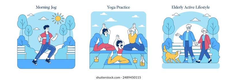 Healthy Lifestyle set. Outdoor fitness activities for different ages. Morning jog, yoga practice, and elderly active walking. Vector illustration.