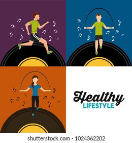 healthy lifestyle set people athletic sport with music