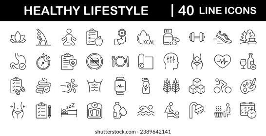 Healthy lifestyle set of web icons in line style. Fitness and sport icons for web and mobile app. Work and rest, physical activity, exercise, gym, sleep, body care and a diet. Editable stroke