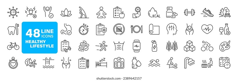 Healthy lifestyle set of web icons in line style. Fitness and sport icons for web and mobile app. Work and rest, physical activity, exercise, gym, sleep, body care and a diet. Editable stroke