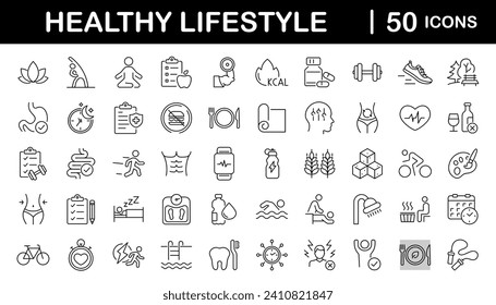 Healthy lifestyle set of web icons in line style. Fitness and sport icons for web and mobile app. Work and rest, physical activity, exercise, gym, sleep, body care and a diet. Editable stroke