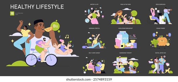 Healthy Lifestyle set. Wellness activities and balanced diet essentials. Exercise, nutrition, hydration, and relaxation depicted across vibrant scenarios. Vector illustration.