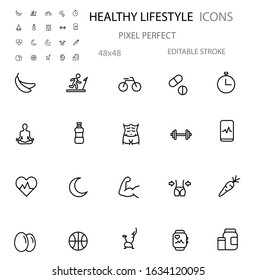 Healthy Lifestyle Simple Line Icon Set Vector Illustration. Contains Such Icons As Bike, Moon, Cardiogram, Meditation , Fitness Watch And More. Editable Stroke. 48x48 Pixel Perfect.