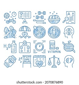 Healthy Lifestyle sketch icon vector. Hand drawn blue doodle line art Healthy Food Dish And Vitamin Pills, Sport And Walking, Non-alcohol And Non-smoking Illustrations