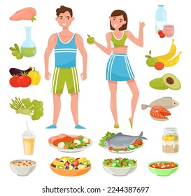 Healthy Lifestyle with Slim Man and Woman with Plenty of Balanced Nutrition and Food Around Vector Set