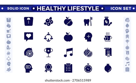 Conjunto de iconos sólidos de estilo de vida saludable con nutrición, ejercicio, sueño, manejo del estrés, hidratación, mental, atención plena y yoga. Conjunto de iconos sólidos de estilo de vida saludable.