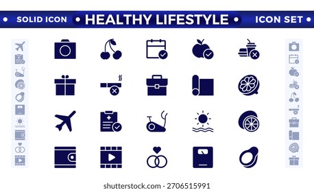 Conjunto de iconos sólidos de estilo de vida saludable con nutrición, ejercicio, sueño, manejo del estrés, hidratación, mental, atención plena y yoga. Conjunto de iconos sólidos de estilo de vida saludable.