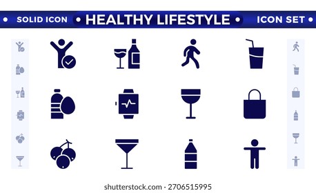 Conjunto de iconos sólidos de estilo de vida saludable con nutrición, ejercicio, sueño, manejo del estrés, hidratación, mental, atención plena y yoga. Conjunto de iconos sólidos de estilo de vida saludable.