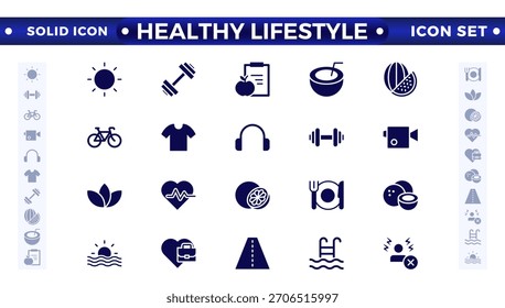Conjunto de iconos sólidos de estilo de vida saludable con nutrición, ejercicio, sueño, manejo del estrés, hidratación, mental, atención plena y yoga. Conjunto de iconos sólidos de estilo de vida saludable.