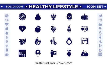 Conjunto de iconos sólidos de estilo de vida saludable con nutrición, ejercicio, sueño, manejo del estrés, hidratación, mental, atención plena y yoga. Conjunto de iconos sólidos de estilo de vida saludable.