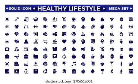 Conjunto de iconos sólidos de estilo de vida saludable con nutrición, ejercicio, sueño, manejo del estrés, hidratación, mental, atención plena y yoga. Conjunto de iconos sólidos de estilo de vida saludable.