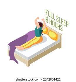 Healthy lifestyle sound sleeping routine isometric icon with woman in morning 3d vector illustration