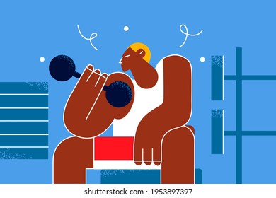 Healthy lifestyle, sport, active leisure concept. Young black man cartoon character sitting and making sport exercise with dumbbell in gym during workout vector illustration 