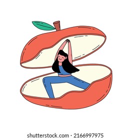 Healthy lifestyle, sport activities, fitness exercises trendy hand drawn vector icon on white background. Female cartoon character do yoga in apple, abstract concept.