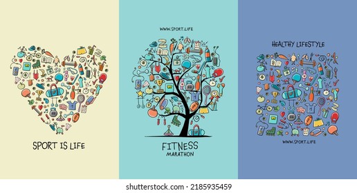 Healthy Lifestyle. Sport and activity. Fintess design elements. Art concept tree, heart shape and square frame. Set of banners in one style hand drawn for your design. Vector illustration