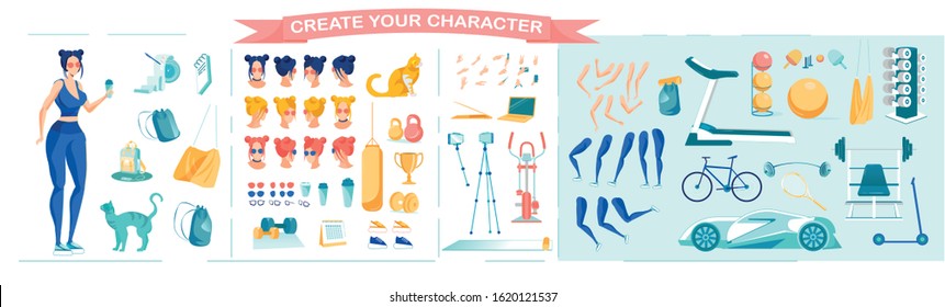 Healthy Lifestyle and Sport Activity Set with Woman Cartoon Character Animation Elements, Gadgets and Gym Equipment. Workout Broadcasting or Sport Vlogging Kit. Flat Vector Illustration Isolated.