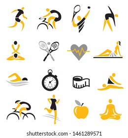 Healthy lifestyle sport colorful icons.
Set of sexteen Health care and sport icons. Isolated on white background. Vector available.