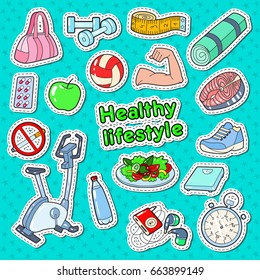 Healthy Lifestyle Sport Doodle with Gym, Food and Vitamins for Prints, Stickers and Badges. Vector illustration