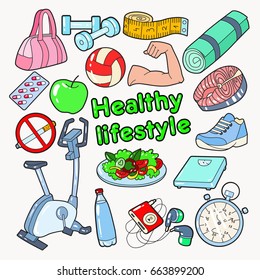 Healthy Lifestyle Sport Doodle with Gym, Food and Vitamins. Vector illustration