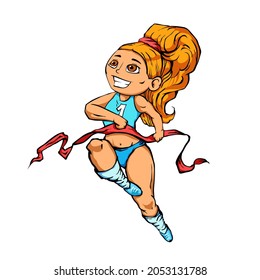 Healthy lifestyle. Sport. The girl won the race, 1st place. Vector illustration of the champion. Cartoon style drawing