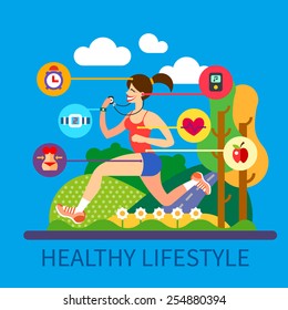 Healthy lifestyle and sport: nutrition, exercise, healthy look, lender waist, regime of  day, music. Girl jogging in park on a sunny day. Vector flat illustration and info graphic