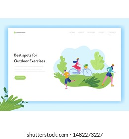 Healthy Lifestyle Sport People Landing Page Template. Sports and Recreation Concept with Man and Woman Character Riding Bike, skiing, jogging in Park for Website, Web Page. Vector illustration