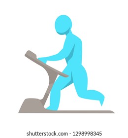 Healthy lifestyle and sport running track male figure on training apparatus vector isolated man silhouette on treadmill running or jogging physical activity body strength cardio load sportsman in gym.