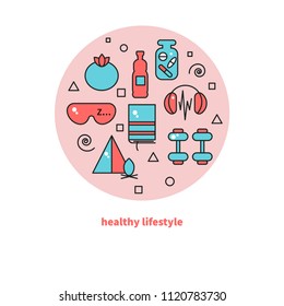 Healthy lifestyle, sports, healthy eating, sleep, set health icons. Vector illustration