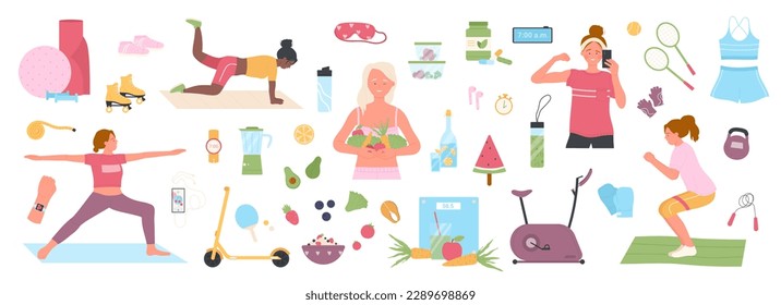 Estilo de vida saludable, ejercicio deportivo, yoga y dieta ilustran vectores. Caricatura aislada niña activa entrenando buenos hábitos para el bienestar, personaje femenino sosteniendo comida saludable, tomando selfie