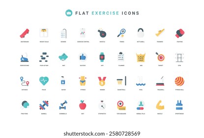Healthy lifestyle and sports, fitness and cardio training, active games and diet nutrition plan in mobile app color icon set. Gym equipment, shoes and food, water flat elements vector illustration